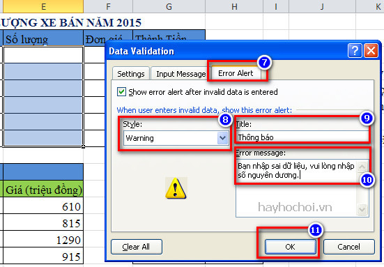 kiểm tra dữ liệu nhập với data validation
