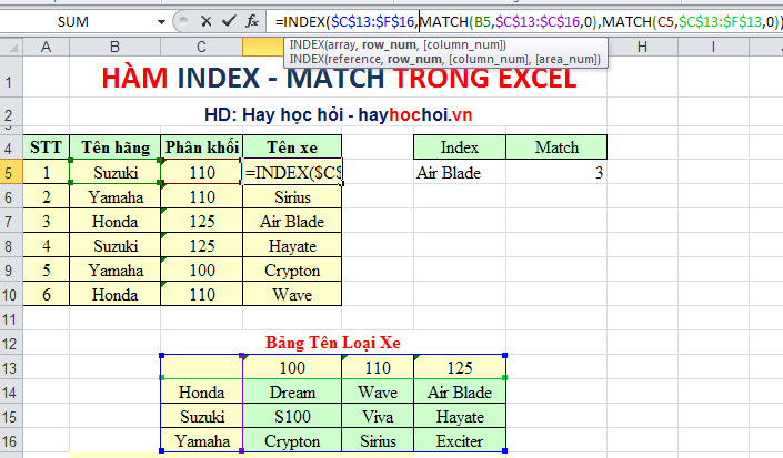 kết hợp index và match