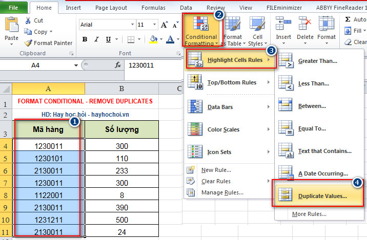 tìm và xoá dữ liệu bị trùng lặp trong Excel