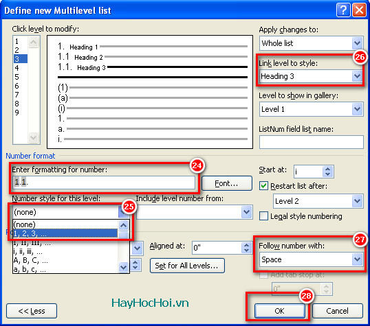 thiết lập multilevel list cấp 3