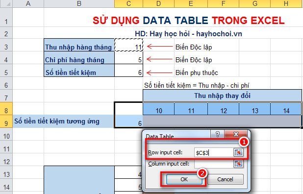 data table 1 biến theo hàng