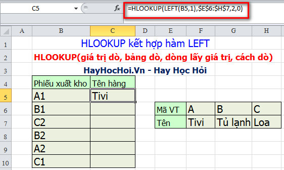 hàm hlookup kết hợp hàm left