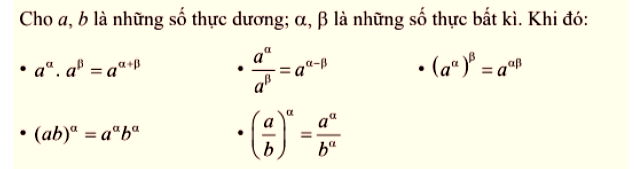 Tính chất của phép tính lũy thừa với số mũ thực