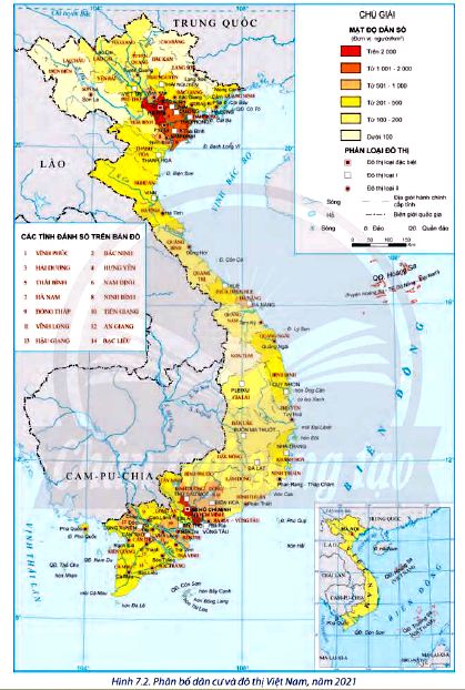 Hình 7.2 Phân bố đân cư và đô thị Việt Nam