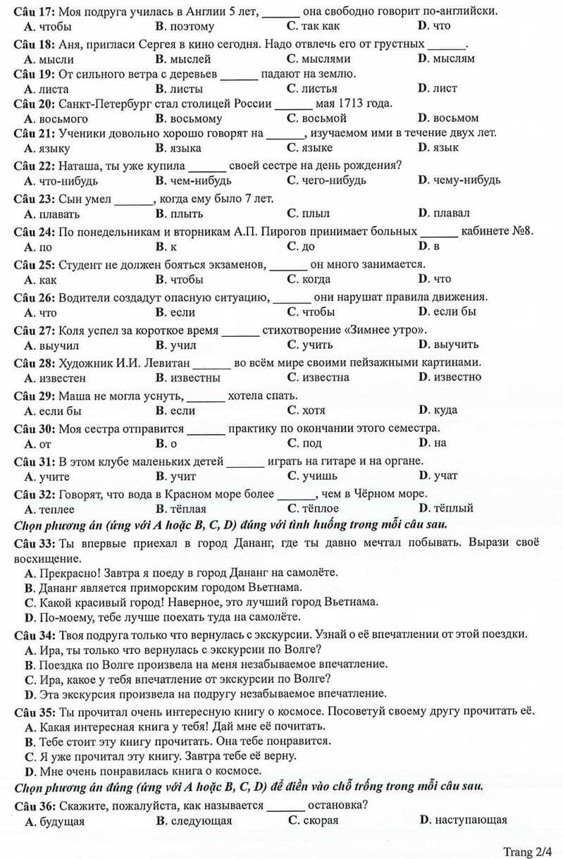 đề minh họa Tiếng Nga 2024 thi tốt nghiệp THPT