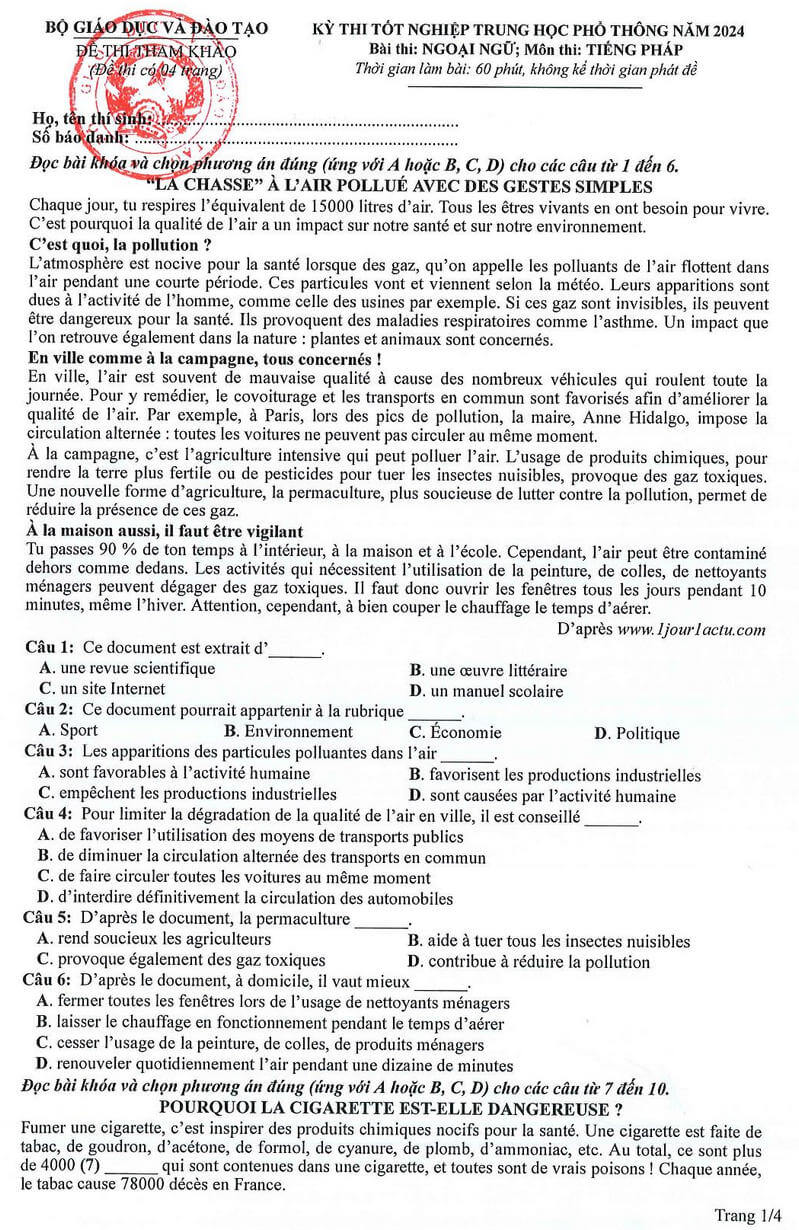 Đề minh họa Tiếng Pháp 2024 thi tốt nghiệp THPT